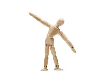 Tahta adam yoga yapıyor, izole edilmiş beyaz arka plan.