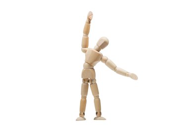 Tahta adam yoga yapıyor, izole edilmiş beyaz arka plan.