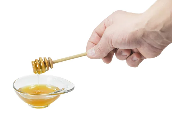 Honey Hand Holding Wooden Spoon Exhaust Honey Isolated White Background — Stock Photo, Image