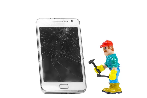 Hračkář Kladivem Mobilní Telefon Opravy Izolované Bílém Pozadí — Stock fotografie