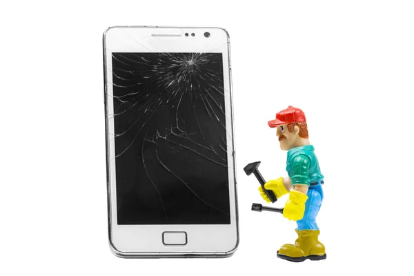 Hračkář Kladivem Opravy Mobilního Telefonu Rozbitá Obrazovka Izolované Bílém Pozadí — Stock fotografie