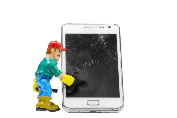 Hračkář Kladivem Opravuje Mobilní Telefon — Stock fotografie