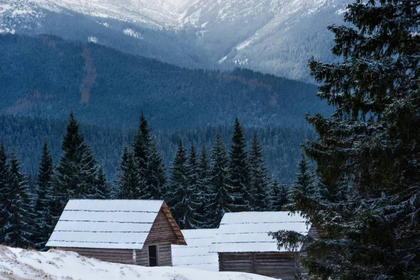 Casa Madera Las Montañas Paisajes Navideños Nieve Fresca Día Nublado — Foto de Stock