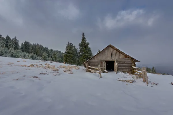 Houten Huis Bedekt Met Sneeuw Achtergrond Van Karpaten Bergen Begroeid Rechtenvrije Stockafbeeldingen