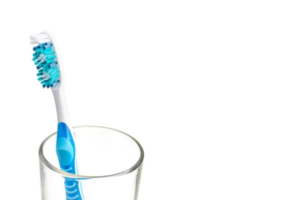 Blue Toothbrush Glass Background Copy Space Healthcare Concept — Stock Photo, Image