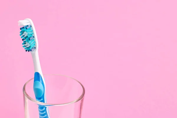 Blue Toothbrush Glass Background Copy Space Healthcare Concept — Stock Photo, Image