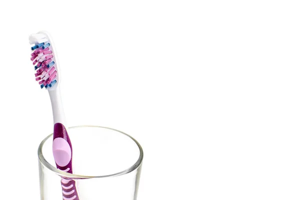 Pink Toothbrush Glass Background Copy Space — Stock Photo, Image