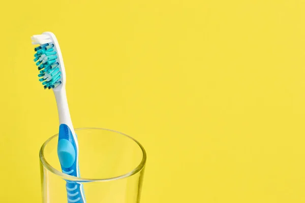 Blue Toothbrush Glass Background Copy Space Healthcare Concept — Stock Photo, Image