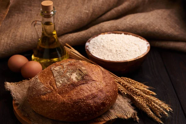 Loaf Bread Wooden Background Food Closeup Background Flour Vegetable Oil Royalty Free Stock Photos