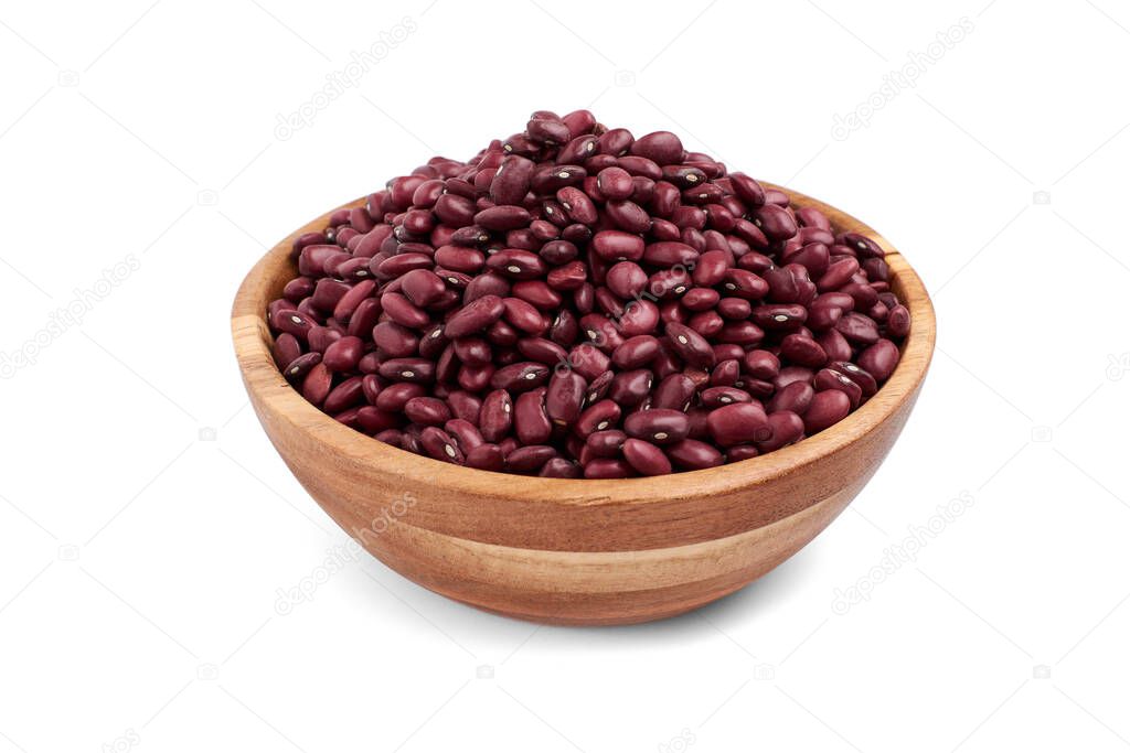 Red beans in wooden bowl, isolated.