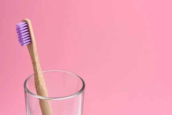Bamboo Toothbrush Close Glass Pink Background Eco Frendly Zero Waste — Stock Photo, Image