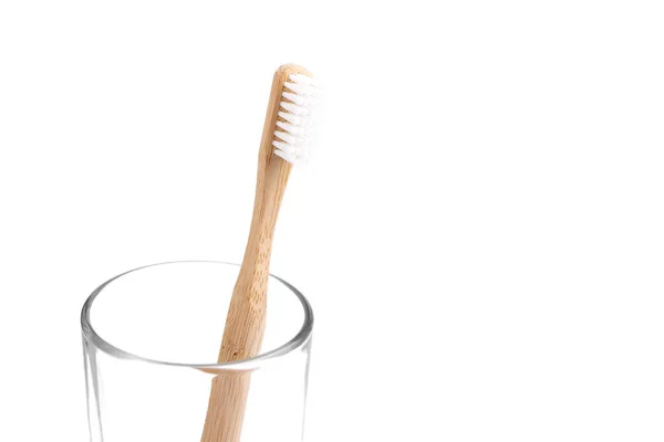 Bamboo Toothbrush Close Glass White Background Eco Frendly Zero Waste Stock Picture