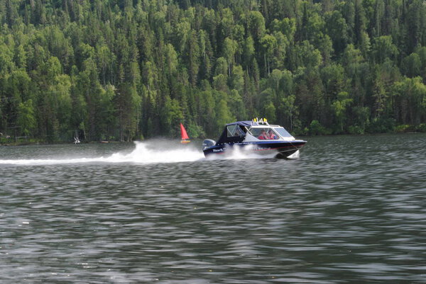 Pleasure boat on Teletskoye lake, Altai