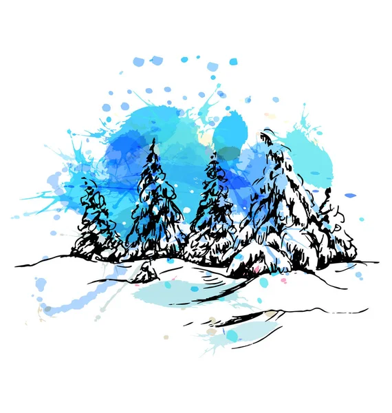 Dibujo a mano coloreado paisaje de invierno — Vector de stock