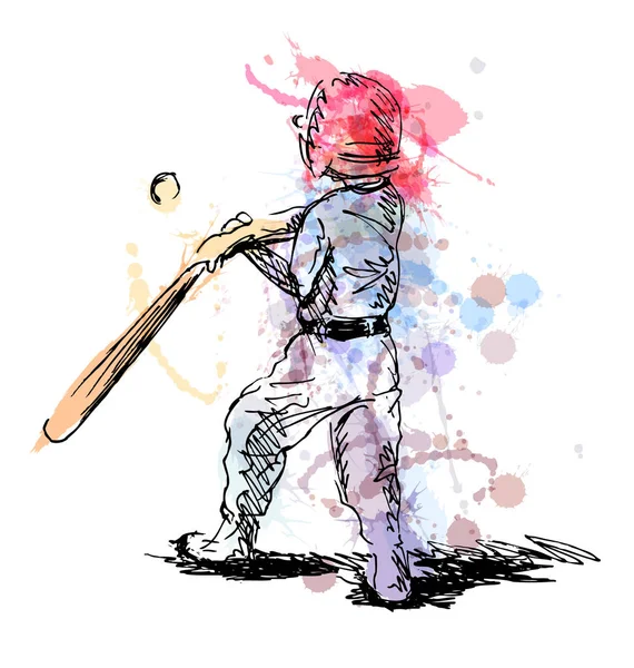 Schizzo a mano colorato di un ragazzino che gioca a baseball — Vettoriale Stock