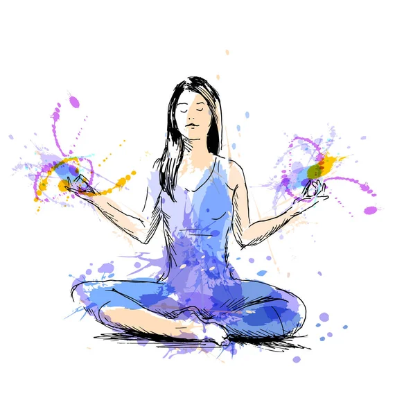 色の手描きの女性瞑想 — ストックベクタ