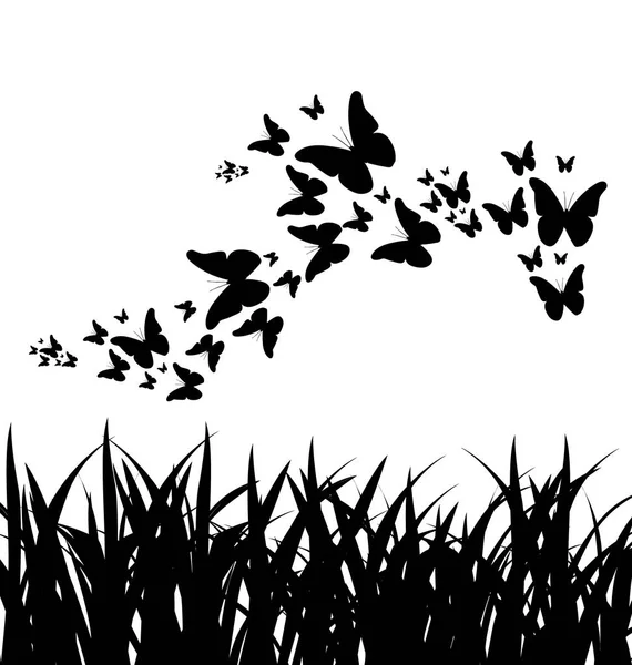 Sílhueta vetorial de grama e borboletas voadoras — Vetor de Stock
