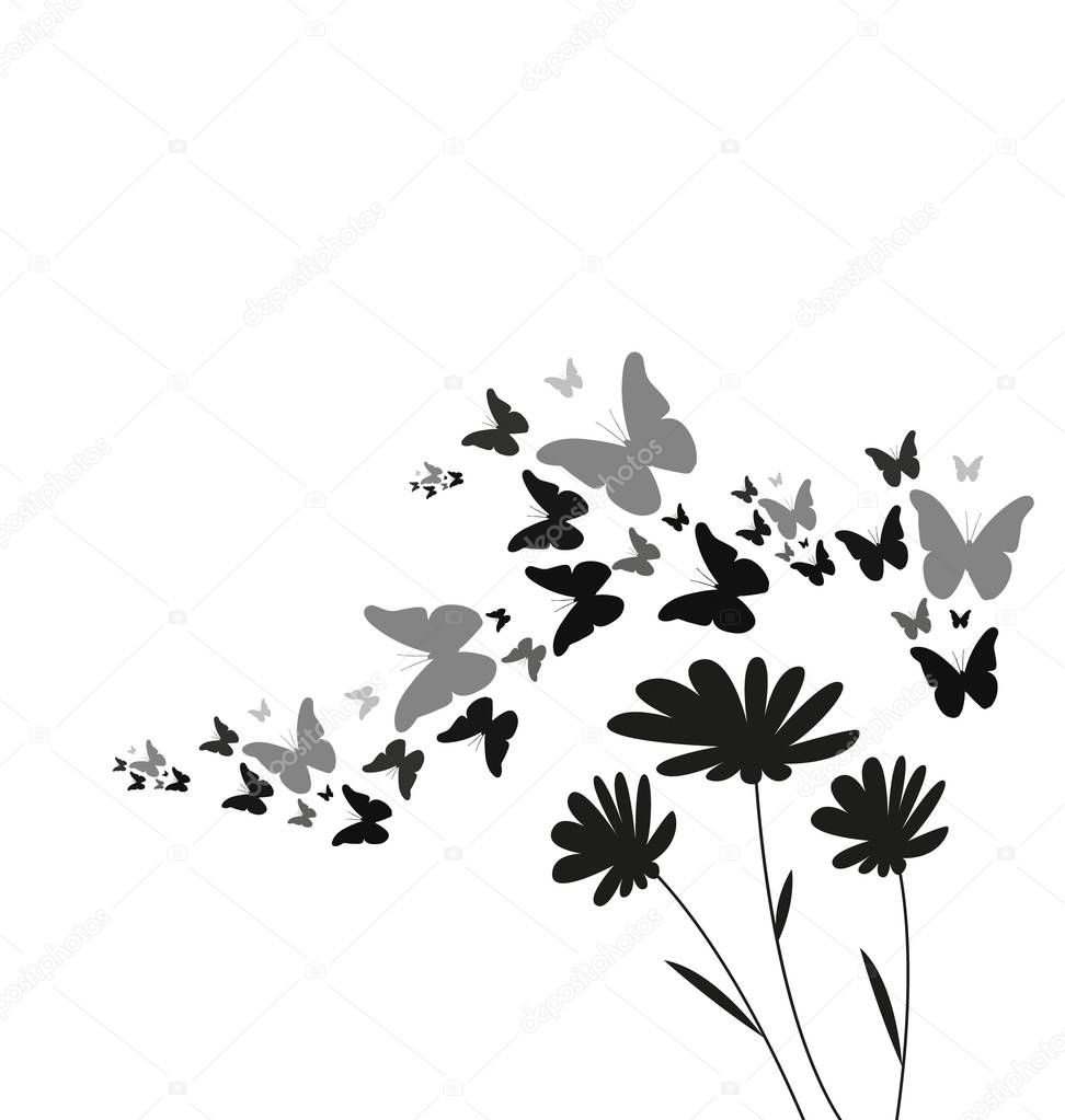 Download Vector silhouette of flying butterflies and flowers ...