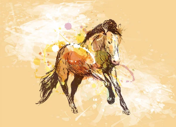 Sketsa tangan berwarna dari kuda berlari di latar belakang grunge - Stok Vektor