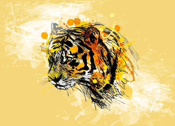 Dibujo a mano coloreado de la cabeza del tigre sobre un fondo grunge — Vector de stock
