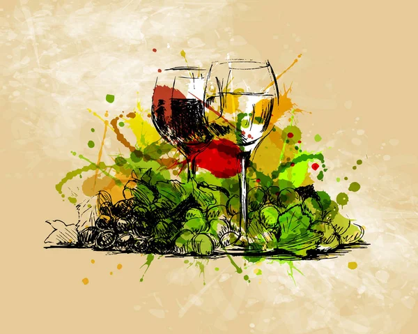 Colored hand sketch still life with glasses of wine — Stock Vector