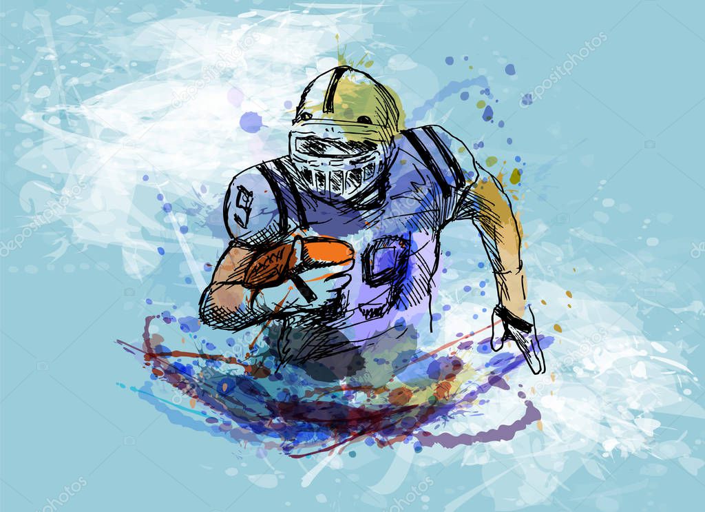 Colorful sketch player of american football on a grunge background