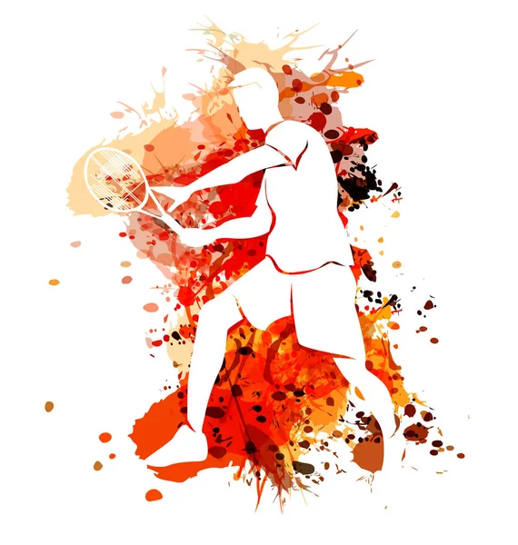 Silhouette tennis player on watercolor background — Stock Vector