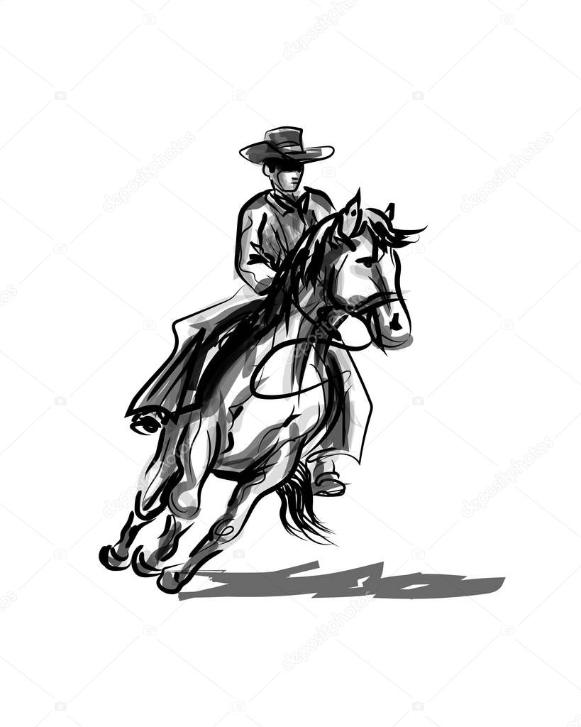 Vector ink sketch a cowboy on a horse