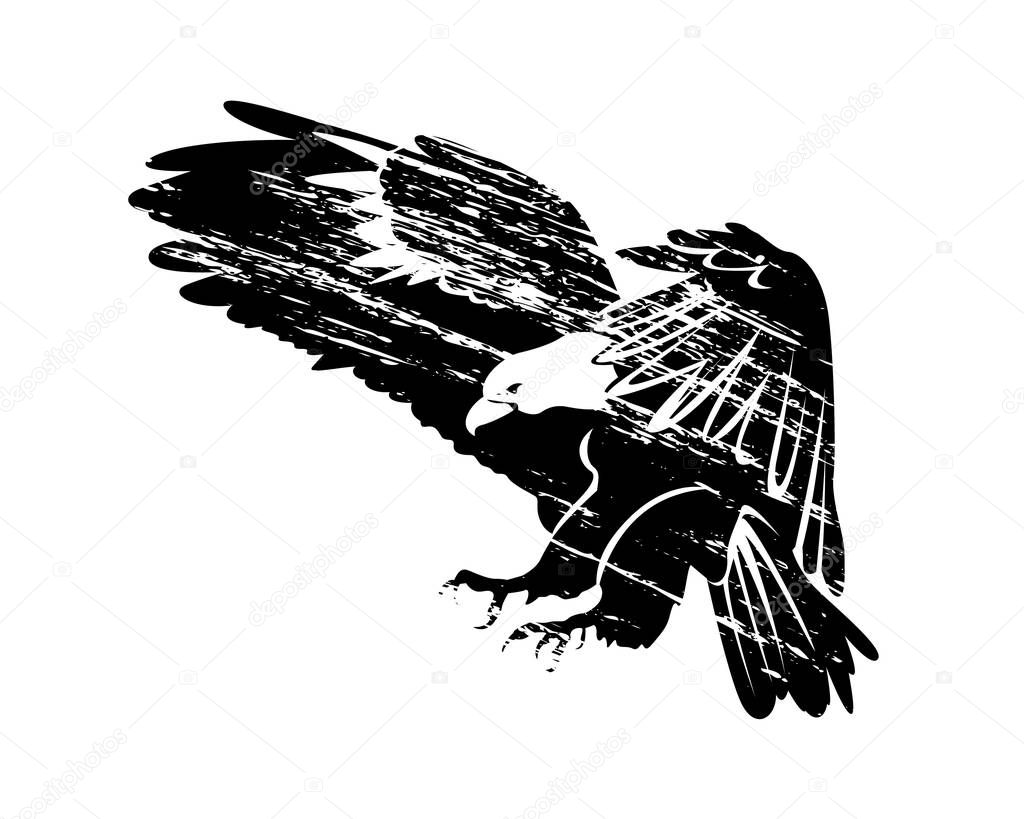 Vector grunge silhouette of flying eagle