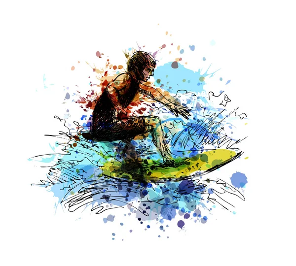 Χρωματισμένα χέρι σκίτσο surfer. — Διανυσματικό Αρχείο