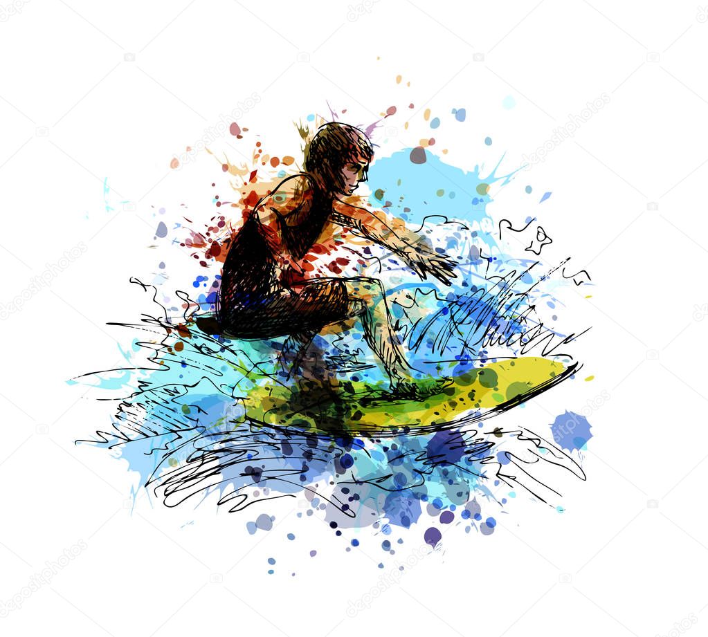 Colored hand sketch surfer.