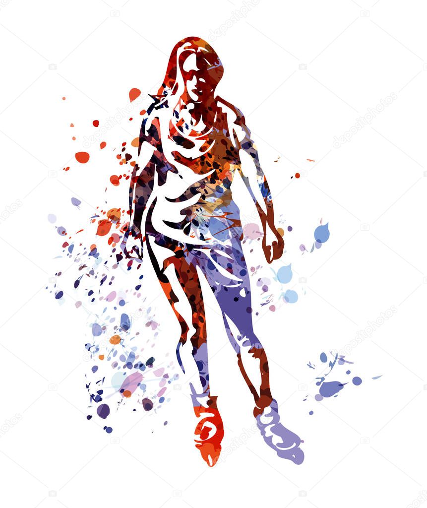 Color illustration of woman on inline skates. Vector illustration.