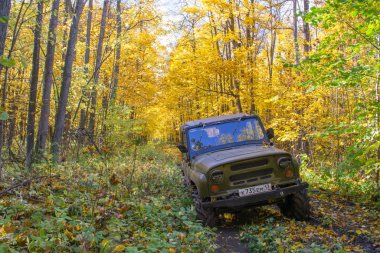 Sonbahar ormanlarında traktör tekerleklerinde Uaz koruyucu rengi.