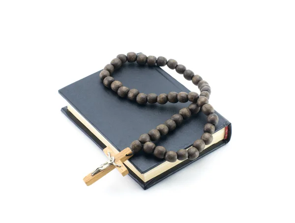Pequeno Livro Preto Livro Oração Com Rosário Madeira Uma Cruz — Fotografia de Stock