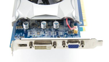 Bilgisayar Dvi Hdmi Vga video kartı bağlantıları. Tahta mavi, kondansatörler. Çok iyi kalite..
