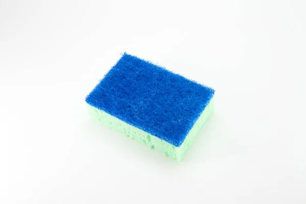 Sponge Washing Dishes Light Green Blue Abrasive Part White Isolated — Stock Photo, Image