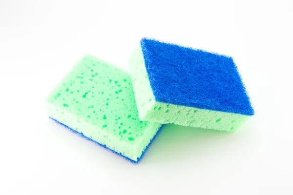 Two Sponges Washing Dishes Light Green Blue Abrasive Part White — Stock Photo, Image