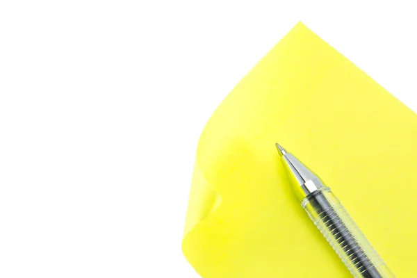 Yellow Square Sticker Curled Corner Transparent Ballpoint Pen White Isolated — Stock Photo, Image