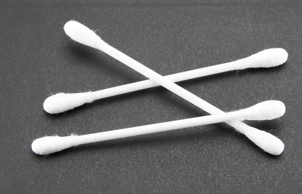 Three White Plastic Ear Buds Soft White Cotton End Black — Stock Photo, Image