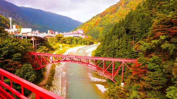 Japanische rote Brücke im Wald — Stockfoto