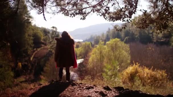 Wandelaar genieten van uitzicht op de rivier vanaf de top van de heuvel — Stockvideo