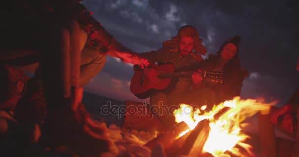 Amigos ouvindo a guitarra — Vídeo de Stock