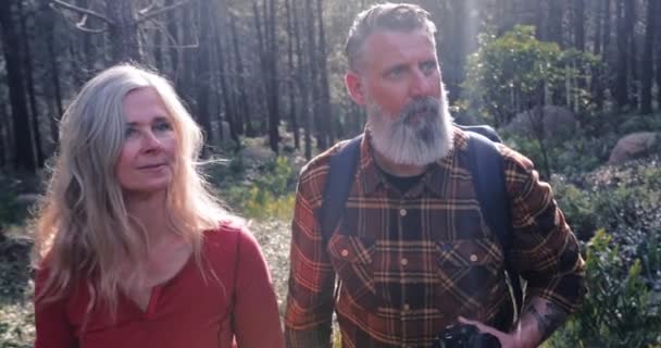 Dekat dari pasangan senior mendaki jalan setapak di hutan — Stok Video