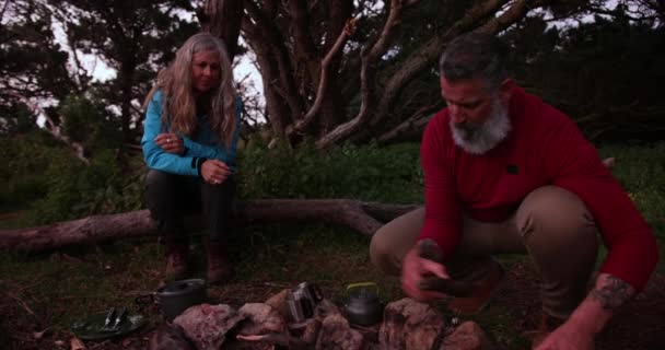 たき火を作るために木を積み重ねるシニアカップル — ストック動画