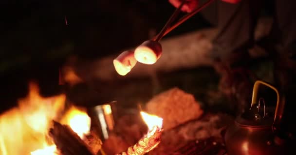 Fechar de marshmallows em paus fritando na fogueira — Vídeo de Stock