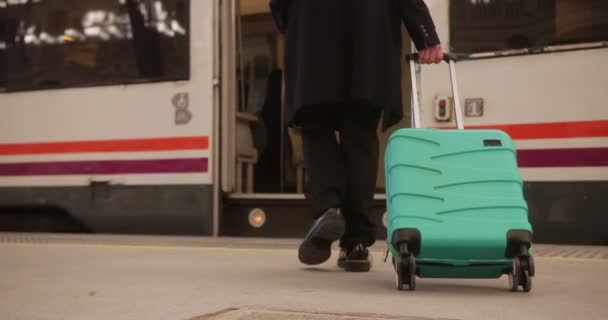 Zblízka podnikatel nástupní vlak s vozíkem zavazadla — Stock video