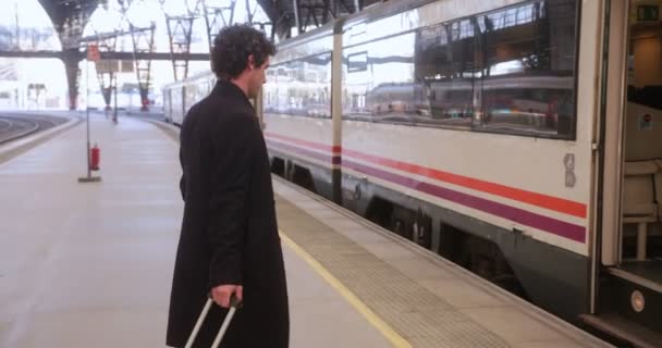 Empresario de tren de abordaje en la estación con el equipaje del carro — Vídeo de stock