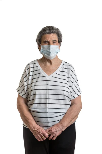 Senhora Idosa Roupas Casuais Máscara Médica Durante Surto Novo Coronavírus — Fotografia de Stock