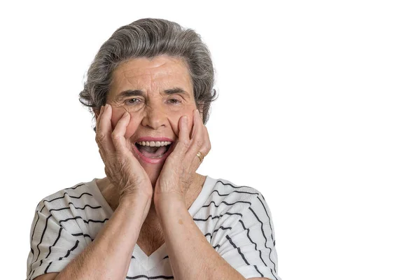 Surprised Elderly Woman Hands Cheeks Looking Camera Screaming Amazement White — Stock Photo, Image