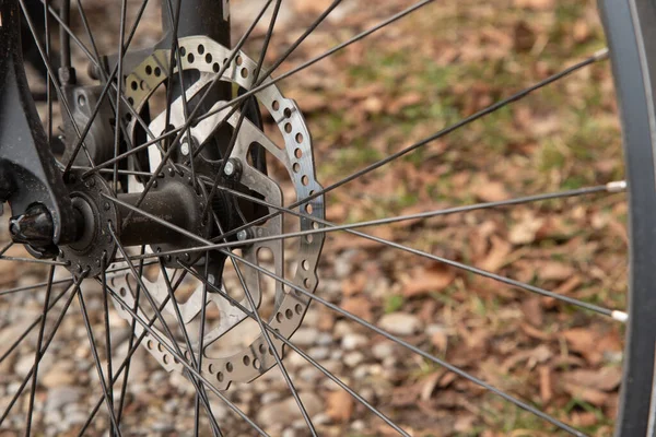 Fahrradscheibenbremse Mit Laub Und Wiese Hintergrund — Stockfoto